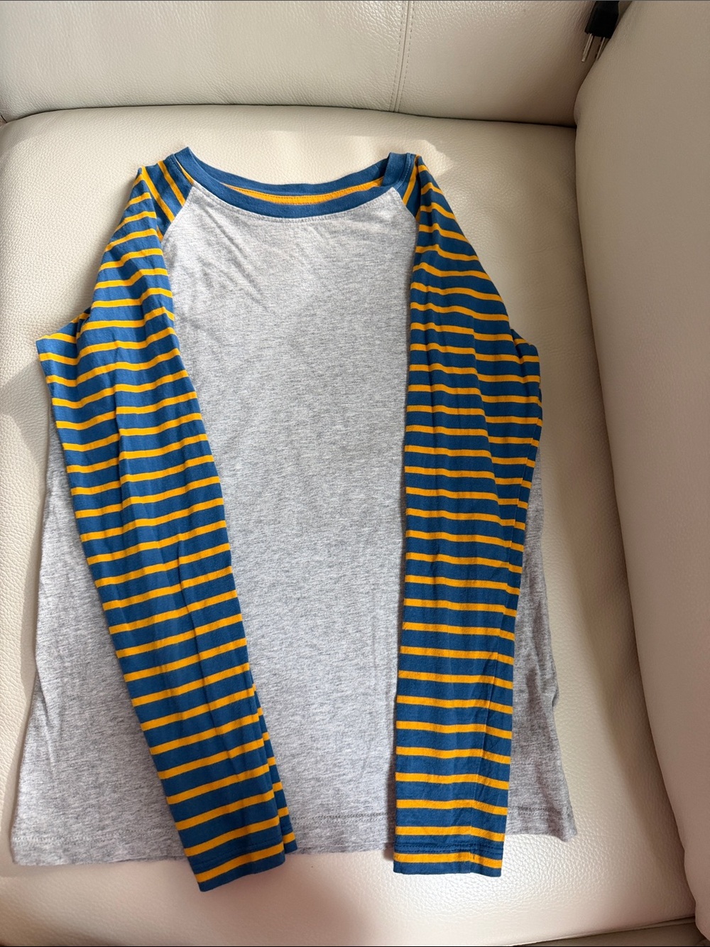 Lands' End Raglan Long-Sleeve Tee in Gray with Blue & Yellow Stripes